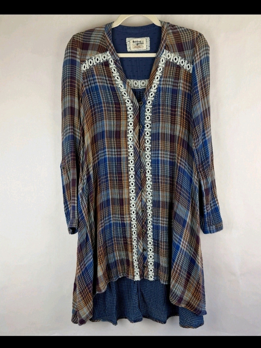 Anthropologie Holding Horses Blue & Brown Plaid Button-Front Tunic Dress. Small